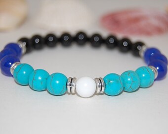 Harmony Bracelet,Turquoise,Blue and Black Stones 8mm Beads,Elastic Bracelet,Gemstone Bracelet,Lucky Bracelet,Man,Woman,Beaded Jewelry,Gift