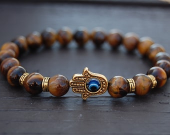 Tiger Eye Bracelet,Hamsa Hand Bracelet,8mm Tiger Eye Gemstone Beads,Evil Eye Bracelet,Spirituality,Prayer,Man,Woman,Protection,Tiger Eye