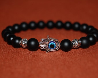 Hamsa Hand Bracelet,Onyx Bracelet,,8mm Black Onyx Stone Beads,Evil Eye Bracelet,Hamsa Bracelet,Spirituality,Prayer,Men,Women,Protection