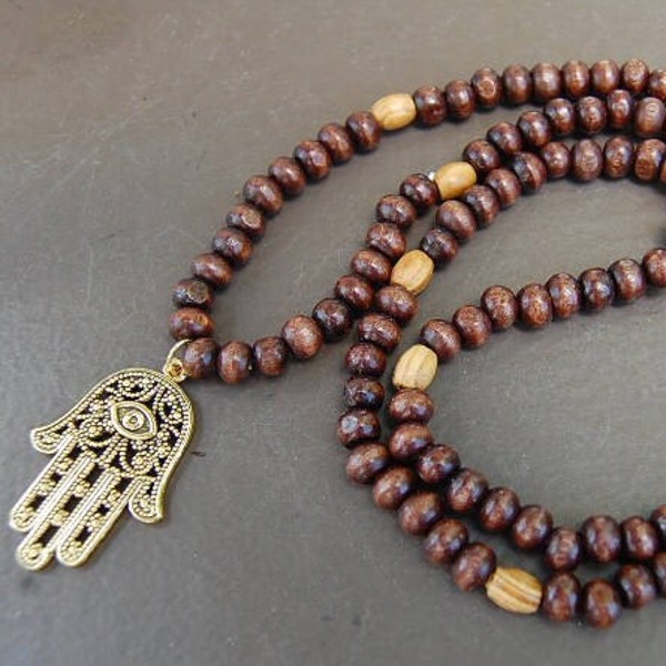 Hamsa Hand Necklace,Wood Beads,Judaica Symbols,Kabbalah Necklace,Man,Woman,Good Luck,Pray,Spirituality,Prayer,Yoga,Protection,Meditation