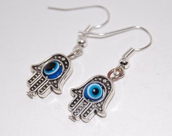 Hamsa Hand Earrings,Silver Hamsa Hand,Evil Eye Earrings,Yoga,Drop Earrings,Dangle Earings,Boho Jewelry,Woman,Protection,Meditation