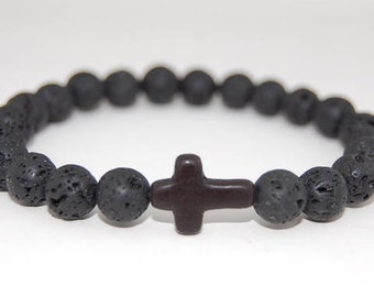 Lava Bracelet ,Cross Bracelet,8mm Lava Stone Beads,Black Cross Bracelet,Volcano Stone,Men,Women,Relieve,Protection,Yoga,Lava Stone Bracelet