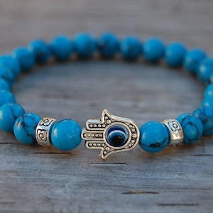 Hamsa Hand Bracelet,Blue Howlite Bracelet,Evil Eye Bracelet,8mm Blue Howlite Stone Beads,Spirituality,Prayer,Man,Woman,Protection,Gift