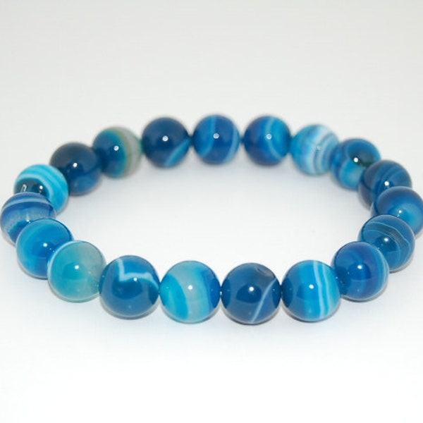 Blue Agate Bracelet,Gemstone 8mm Round Beads Elastic Bracelet Fit All, Gemstone Stretch Bracelet, Mens or Womens, Beaded Jewelry