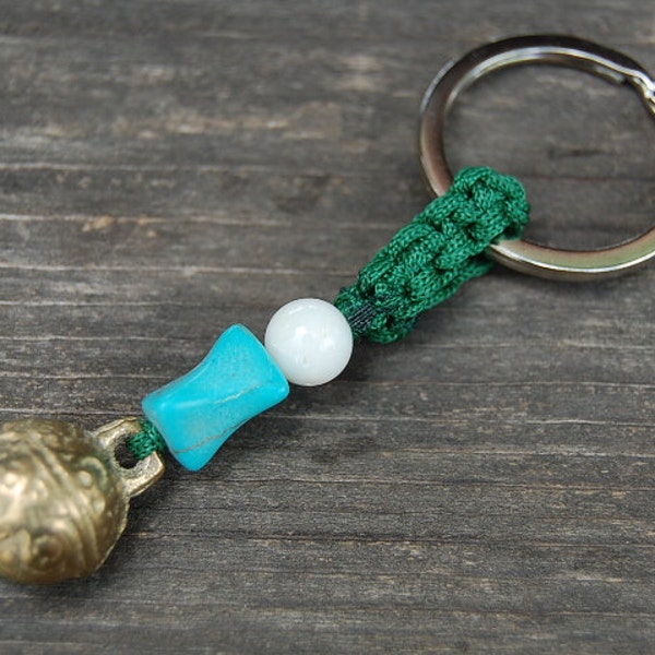 Tibetian Brass Bell Keychain,Nepal Bell Keyring,Turquoise Stone,Car,Bag,Purse,Spirituality,Protection,Man,Woman,Ethnic Tribal Keychain