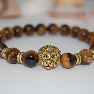 Tiger Eye Bracelet,Lion Bracelet,Yellow Tiger Eye 8mm Gemstone Beads,Man,Mens Bracelet,Tiger Eye Gemstone Bracelet,Lion Head Bracelet,Gift