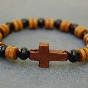 Wood Cross Bracelet,Wood Beads,Wood Bracelet,Elastic,Easy Fits,Pray Bracelet,Men,Woman,Yoga Bracelet,Protection,Gift,Cross Bracelet