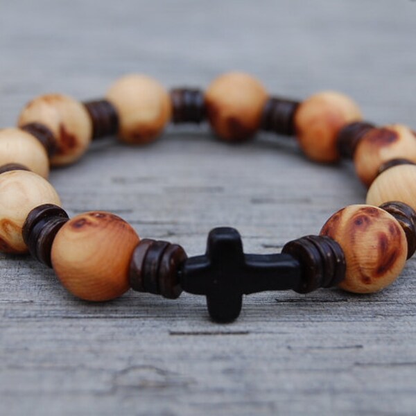 Cross Bracelet,Rosary Bracelet,Cypress Wood 8mm Beads,Wood Rosary Bracelet,Prayers Bracelet,Men,Woman,Protection,Meditation,Gift