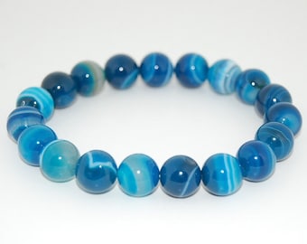 Blue Agate Bracelet,Gemstone 8mm Round Beads Elastic Bracelet Fit All, Gemstone Stretch Bracelet, Mens or Womens, Beaded Jewelry