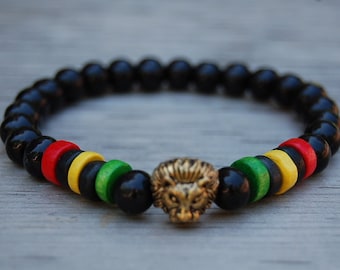 Bracelet lion, bracelet en bois, tête de lion en bronze, perles en bois de 8 mm, rasta, tête de lion, bracelet rasta, bracelet pour homme, bracelet lion lion, bracelet porte-bonheur