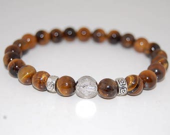 Pulsera de San Benito, pulsera de ojo de tigre, piedra preciosa 8 mm cuentas, pulsera de estiramiento, hombre, mujer, pulsera de oración, medalla de San Benito, pulsera católica
