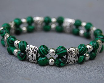 Pulsera de malaquita, pulsera de doble hebra de malaquita, pulsera verde, cuentas de 6 mm, cuentas hechas por el hombre de malaquita, hombre, mujer, joyería con cuentas, yoga, Mala