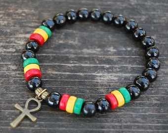 Ankh Cross Bracelet,Rasta Bracelet,8mm Wood Beads,Egyptian Ankh Cross,Key of Nile,Key of Life,Crux Ansata,Man,Woman,Ankh Cross Bracelet