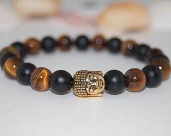 Buddha Bracelet,Tiger Eye Bracelet,8mm Tiger Eye Gemstone Beads,Black Onyx Beads,Lucky Buddha Bracelet,Prayer,Man,Woman,Protection,Tiger Eye