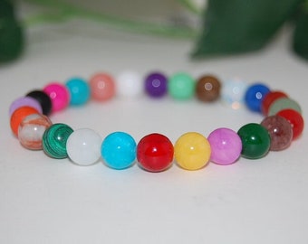 Bracelet de pierres précieuses multicolores, perles de pierres précieuses de 8 mm de nombreuses couleurs, bracelet extensible, bracelet coloré, homme, femme, yoga, prière, protection, cadeau