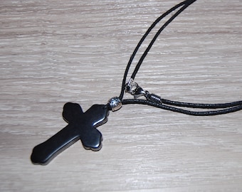 Cross Necklace,Hematite Cross Pendant,Cross Cord Necklace,Spiritual,Surfer,Men,Women,Yoga,Protection,Meditation,Prayer,Black Cross,Gift