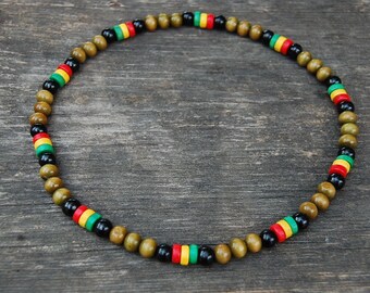 Men Beaded Wood Beads Surfer Necklace,Tribal Style,Green Wood Beads,Rasta Necklace,Boho,Man,Choker,Stretch,Mens,Wood Choker Necklace,Ethnic