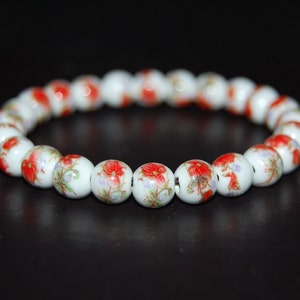 Pulsera de cerámica, pulsera de flores, pulsera roja y blanca, cuentas de cerámica de porcelana de 8 mm, pulsera de cuentas de cerámica con flores, mujer, niña, regalo para ella