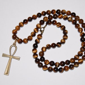 Ankh Cross Necklace,Tiger Eye Necklace,Tiger Eye 8mm Gemstone Beads,Key of the Nile,Key of Life,Man,Men,Women,Egyptian Cross,Tiger Eye,Gift