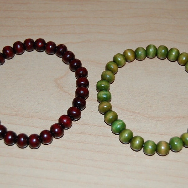 2 x BRACELETS,Burgundy,Green Wood 8mm Beads, Elastic Fit All,Man ,Woman,Pray, Spirituality, Mala,Protection, Meditation, Yoga, Boho ,Stretch