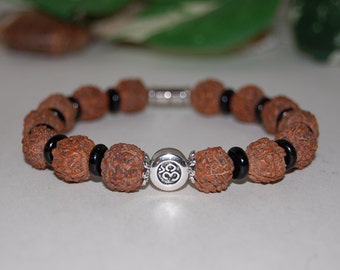 Om Bracelet,Rudraksha Bracelet,Mala Om Bracelet,Wood Bracelet,Yoga Bracelet,Hindu,India,Mala,Meditation,Men,Women,Gift,Rudraksha Beads