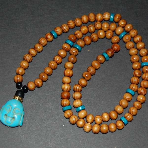 Buddha Necklace,Turquoise Buddha Pendant,Wood Necklace,Stretch Necklace,Man,Woman,Spirituality,Prayer,Yoga,Protection,Meditation,Good Luck