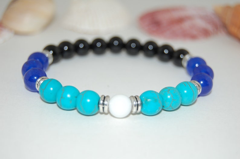 Harmony Bracelet,Turquoise,Blue and Black Stones 8mm Beads,Elastic Bracelet,Gemstone Bracelet,Lucky Bracelet,Man,Woman,Beaded Jewelry,Gift