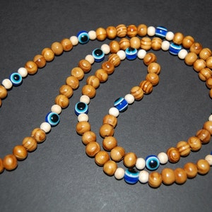 Evil Eye Necklace,Wood Necklace,Pine Wood 8mm Beads,30" Long Necklace,Hamsa Necklace,Men's,Pray,Spirituality,Meditation,Yoga,Protection