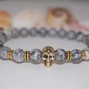 Jasper Bracelet,Skull Bracelet,Jasper Stone Bracelet,Grey Jasper Beads,Gift for Him,Bracelet for Men,Woman,Grey Bracelet,Skull Bracelet