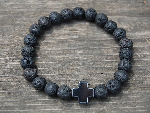 Lava Stone Bracelet,8mm Beads,magnetic Hematite Cross,volcano