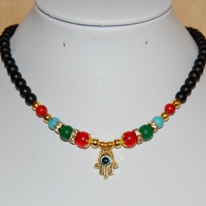 Hamsa Hand Necklace,Onyx Necklace,Evil Eye Necklace,Colorful Gemstone Beads,Hamsa Necklace,Onyx Hamsa Hand Necklace,Good Luck,Gift