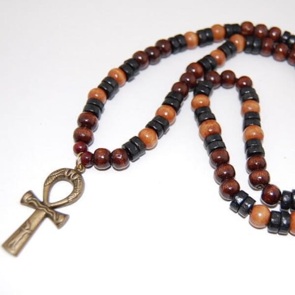 Ankh Cross Necklace,Wood Beads,Bronze Ankh Cross,Key of the Nile,Key of Life,Crux Ansata,Man,Mens,Egyptian Cross,Egyptian God Goddess