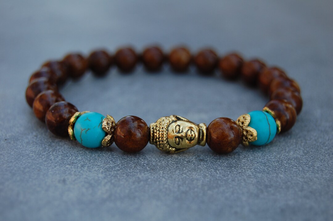 KING ICE☆Brown Wood Gold Buddha Beaded Meditation Bracelet Buddha Bracelet,jasper Bracelet,brown Jasper 8mm Beads