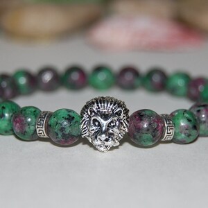 Pulsera de zoisita de rubí, pulsera de león, cuentas de piedras preciosas de 8 mm, pulsera elástica, yoga, mala, oración, hombre, mujer, pulsera de energía, pulsera unisex, regalo