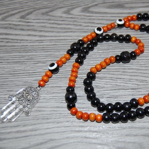 Hamsa Hand Black Evil Eye Rosary Necklace, Long Wood Beaded,Silver Charm,Judaica Symbols,Man,Woman,Lucky