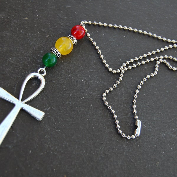 Ankh Cross Hanging Charm,Rasta Decor,Gemston Beads,Reggae,Rear View Mirror Charm,Car,Wall,Room Decor,Car Decor,Good Luck,Yoga, Protection