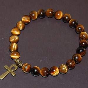 Ankh Cross Bracelet,Tiger Eye 8mm Beads,Key of Nile,Breath of Life Bracelet,Man,Woman,Pray,Yoga,Protection,Meditation,Tiger Eye Bracelet