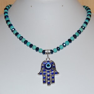 Hamsa Hand Necklace,Evil Eye Necklace,Turquoise Necklace,Blue Glass Beads,Blue Hamsa Hand Pendant,Spiritual,Fatima Hand Necklace,Gift
