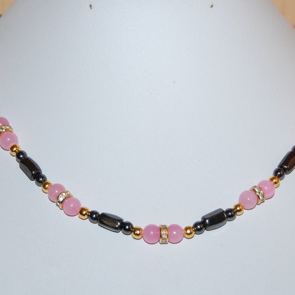 Magnetic Necklace,Pink Necklace,Hematite Necklace,Magnetic and Pink Stone Beads,Women,Girl,Healthy Necklace,Healing,Relieve,Energy Necklace