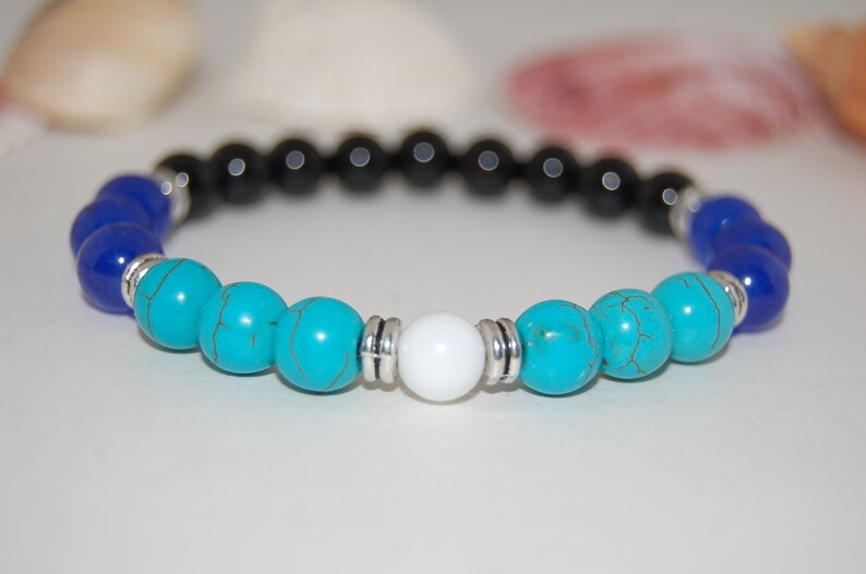 Harmony Bracelet,Turquoise,Blue and Black Stones 8mm Beads,Elastic Bracelet,Gemstone Bracelet,Lucky Bracelet,Man,Woman,Beaded Jewelry,Gift