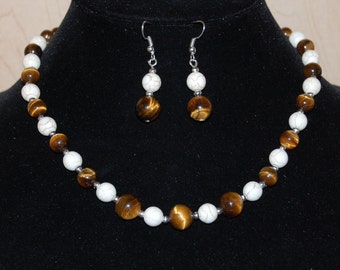 Tiger Eye Necklace and Earrings Set,Tiger Eye,White Gemstone,Brown and White Necklace,Tiger Eye Earrings,Retro Necklace,Tiger Eye Necklace