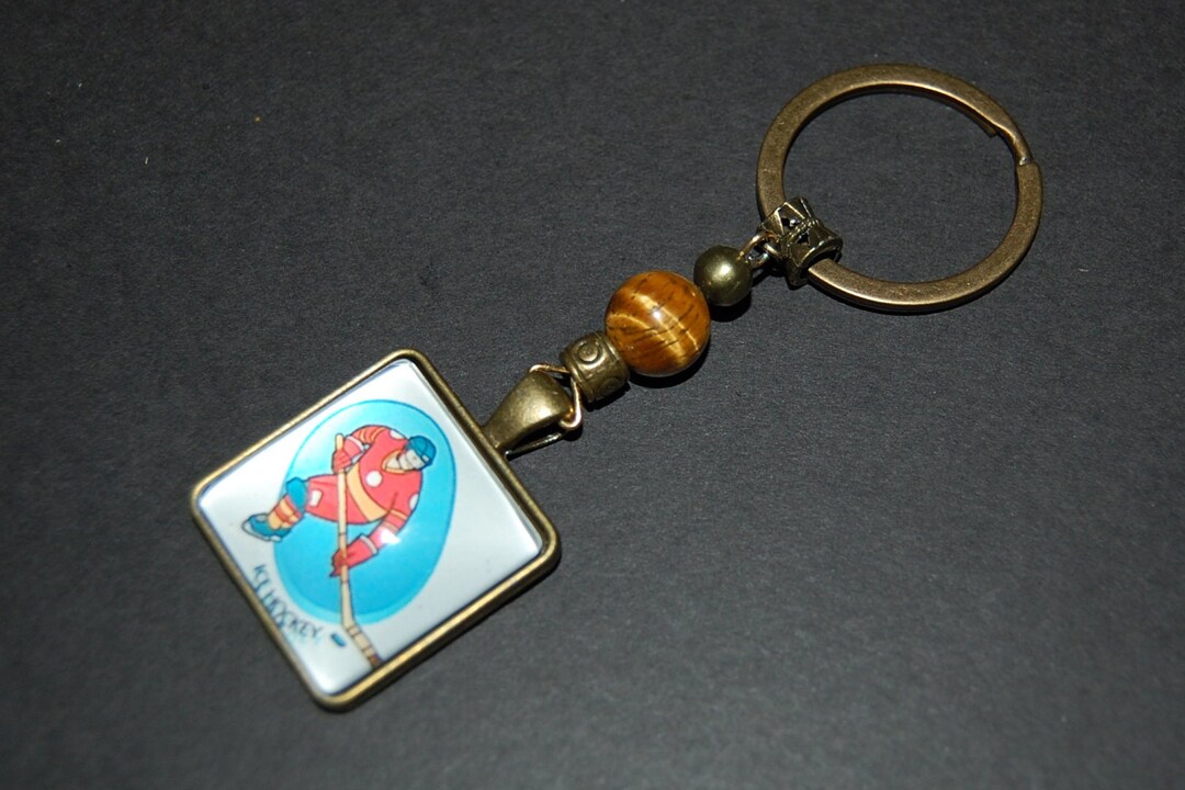 Hockey Keychain,bronze Hockey Charm and Tiger Eye Stone,hockey Keyring