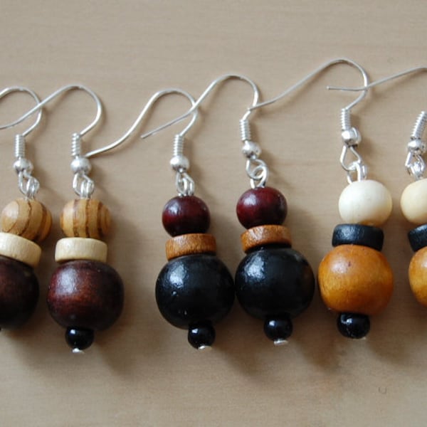 3 x PAIRS Ethnic Tribal Wood Bead Dangle Earrings,Wooden Earrings, Boho,Woman, Fashion Design,Wooden Earrings