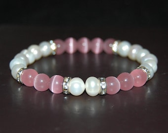 Parelarmband, roze kattenoog- en parelkralen, zoetwaterparelarmband, witte en roze armband, cadeau voor haar, trouwarmband, echte parels