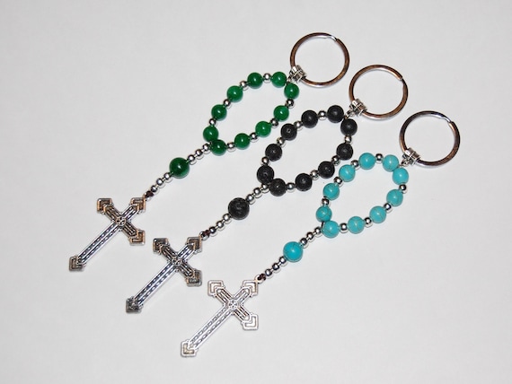Rosary Keychain,Jade Keychain,Lava Stone Keychain,Turquoise Keychain,Rosary Gemstone Beaded Keychain,Mini Rosary,Car Rosary,Cross Keychain