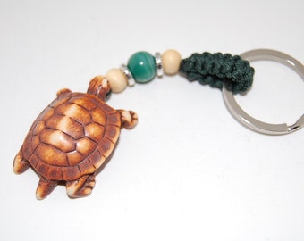 Turtle Keychain, Green Agate Gemstone Bead , Wood Keyring , Macrame Friendship, Hemp Keychain, Handmade Keychain,Good Lucky, Feng Shui