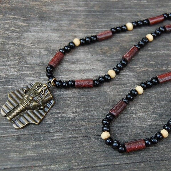Egyptian King Tut Necklace,Tutankhamun Necklace,Wood beads,Stretch Necklace,Men,Women,Pray,Spirituality,Yoga,Protection,Meditation
