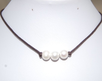 Genuine Pearls Necklace,Freshwater Pearl Leather Chocker Necklace, Choker Necklace,Women, Cord Necklace,Lobster Lock End Cord