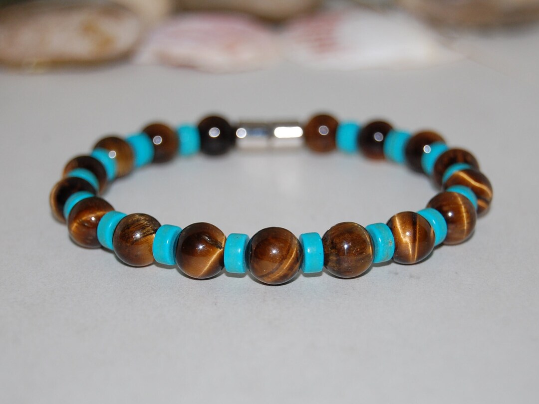 Tiger Eye Bracelet,tiger Eye and Turquoise Beads,magnetic Closure,men ...