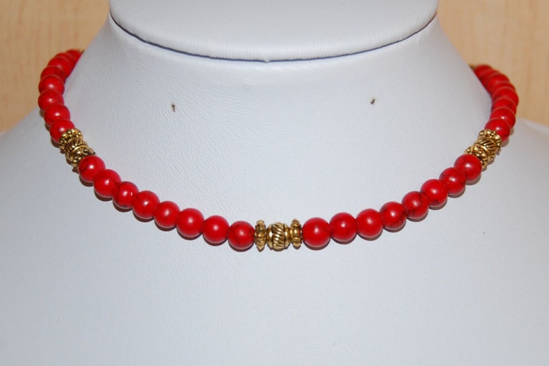 Red Howlite Necklace,Small 6mm Beads Red Howlite Necklace,Thin Beaded Necklace,Red Necklace,Choker Necklace,Short Beads Necklace,Gift image 2